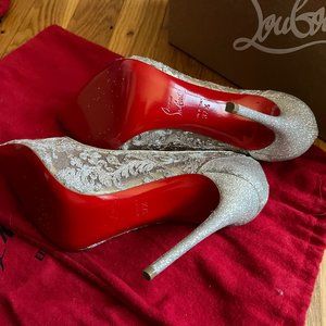 Christian Louboutin Metallic Silver Lace And Glitter Follies Size 37.5 EU